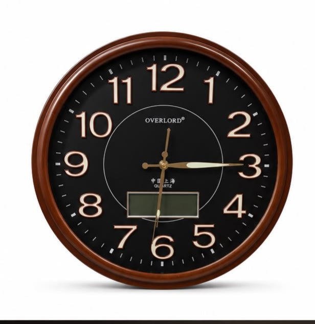 Vintage Wooden Finish Quartz Wall Clock with Digital Display