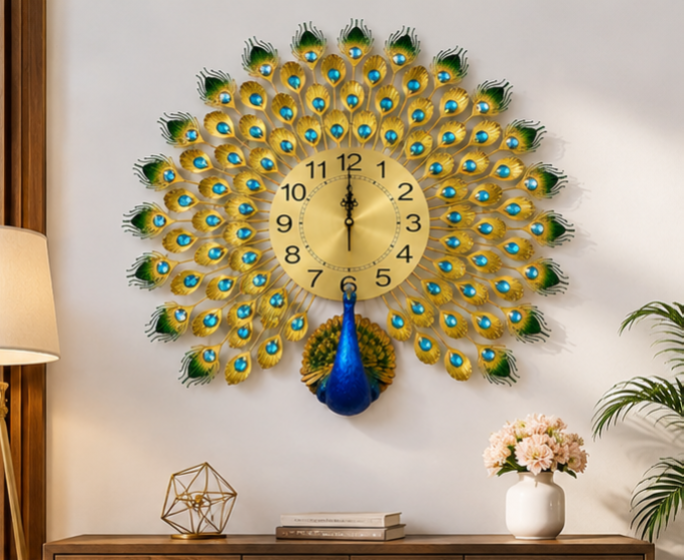 Royal Peacock Wall Clock – Luxury Metal Decorative Wall Clock for Living Room & Home Décor