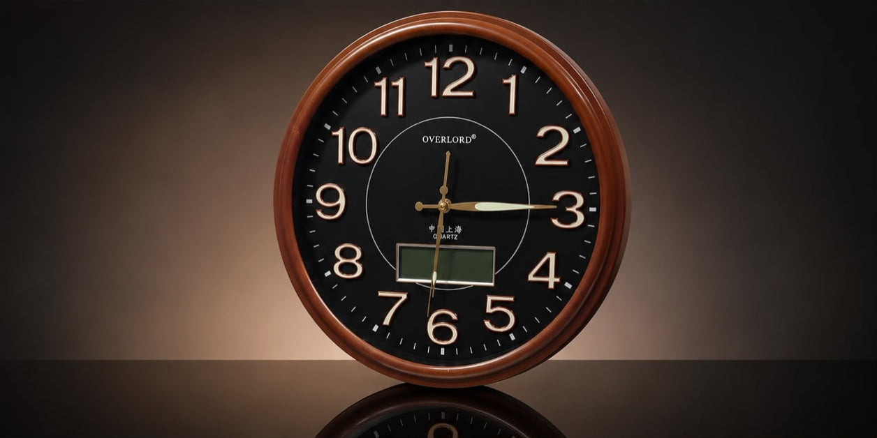 Vintage Wooden Finish Quartz Wall Clock with Digital Display