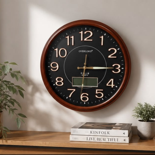 Vintage Wooden Finish Quartz Wall Clock with Digital Display